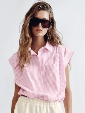 Zara CUT (!!) Striped pink white Cap Sleeve Button Down Collared Wone's shirt